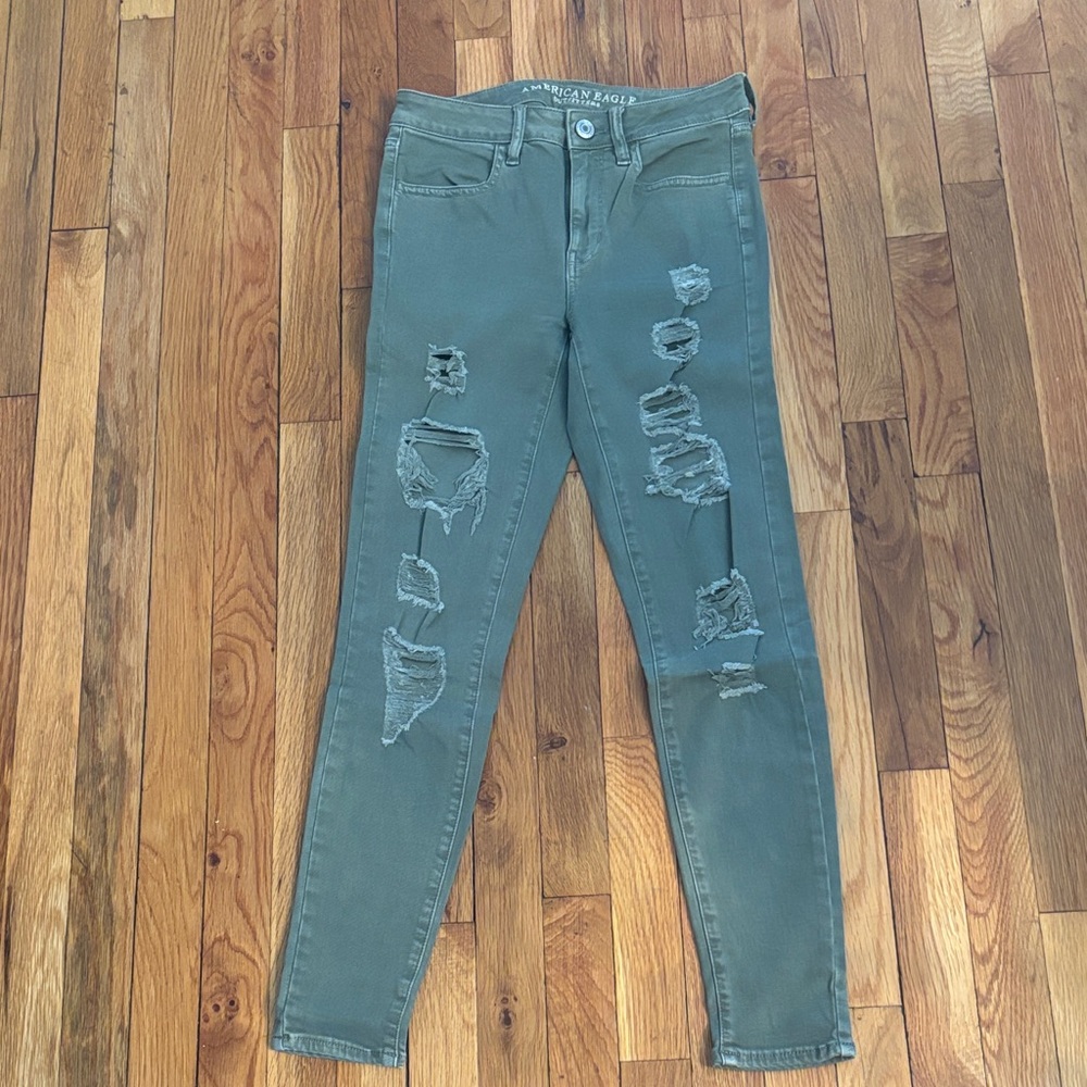 American Eagle Outfitters Olive Green Distressed Skinny Jeans